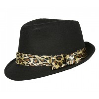 Fedora Hat - Wool-felt Like w/ Leopard Print Band - Black 